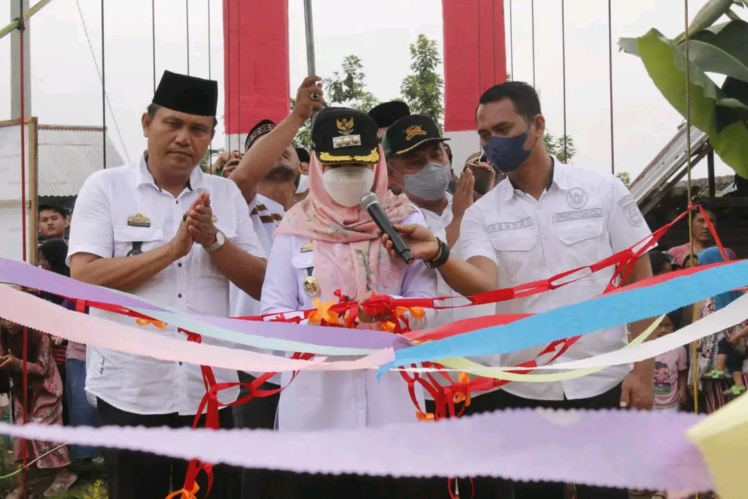 Hj Dewi Handajani Resmikan Jembatan Gantung Sinar Pelangi di Pekon Negara Batin